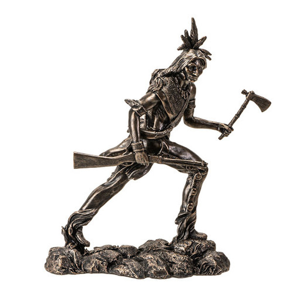 sculpture depicts a Native American warrior armed with both a tomahawk and rifle